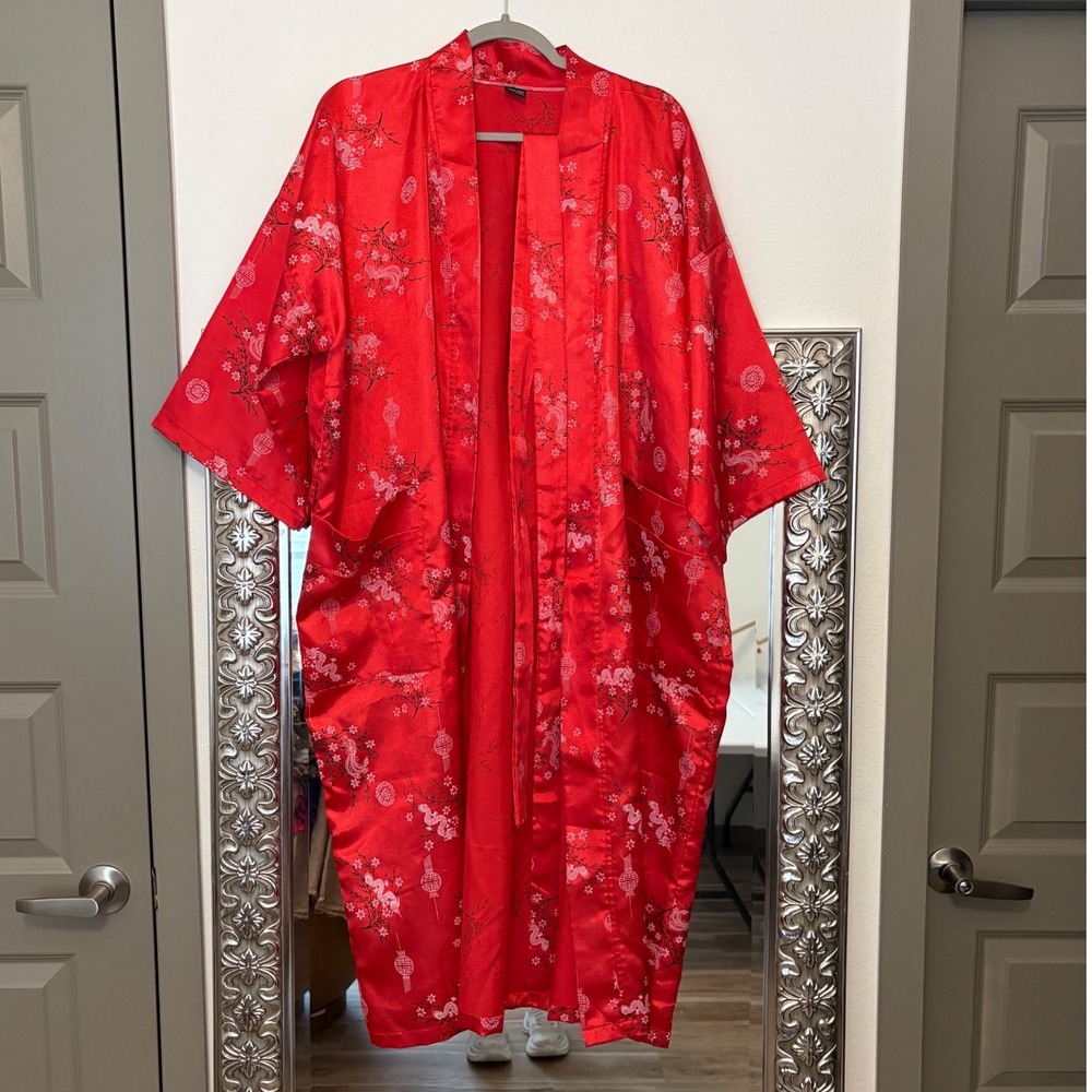 Apple Shop Thai Silk Red Dragon Cherry Blossom Kimono Robe Long Wrap e5